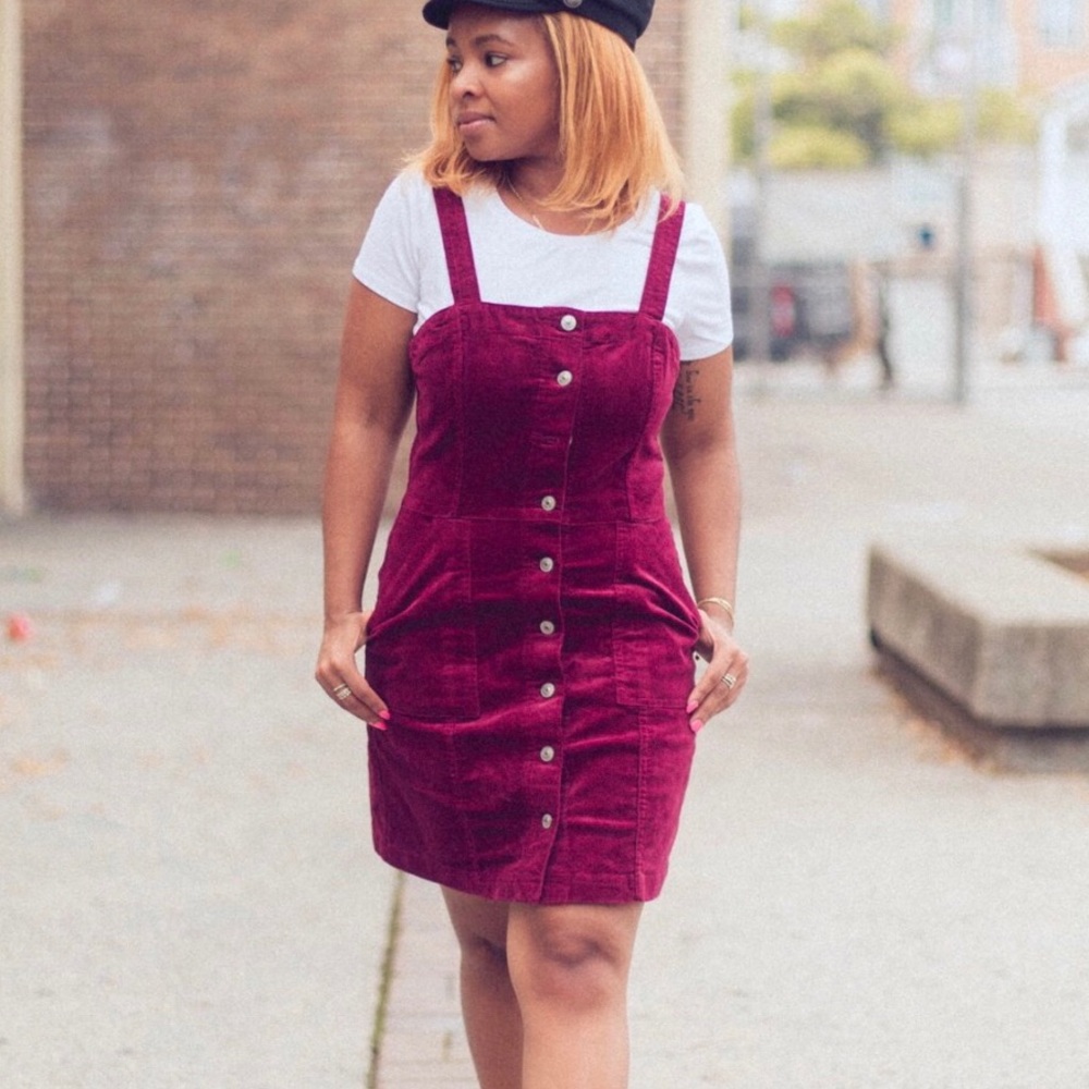 Burgundy corduroy button down overall dress